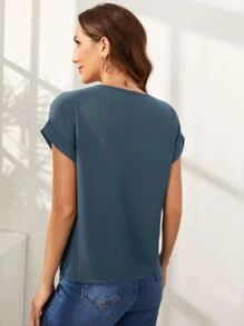 SHEIN LUNE Blusa casual con cremallera y puños enrollados - Neblina azul - Ver 2