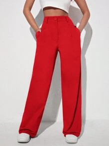 SHEIN EZwear Solid Wide Leg Trousers - Red - View 6