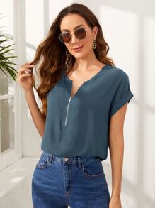 SHEIN LUNE Blusa casual con cremallera y puños enrollados - Neblina azul - Ver 4