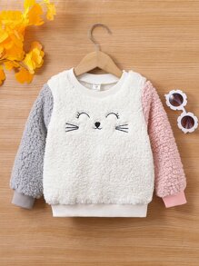 SHEIN Toddler Girls Colour Block Cartoon Embroidery Flannel Pullover - Multicolor - View 1