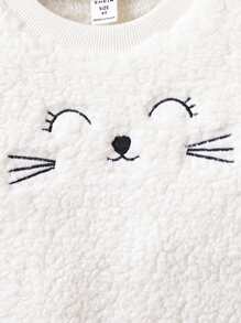 SHEIN Toddler Girls Colour Block Cartoon Embroidery Flannel Pullover - Multicolor - View 3