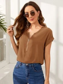 SHEIN LUNE Áo sơ mi nữ Dây kéo màu trơn Giải trí - màu nâu - Xem 4