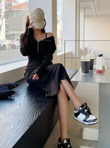 DAZY Zip Half Placket Drawstring Hooded Sweater Dress,Fall Clothes,Back To School Clothes - Black - View 3