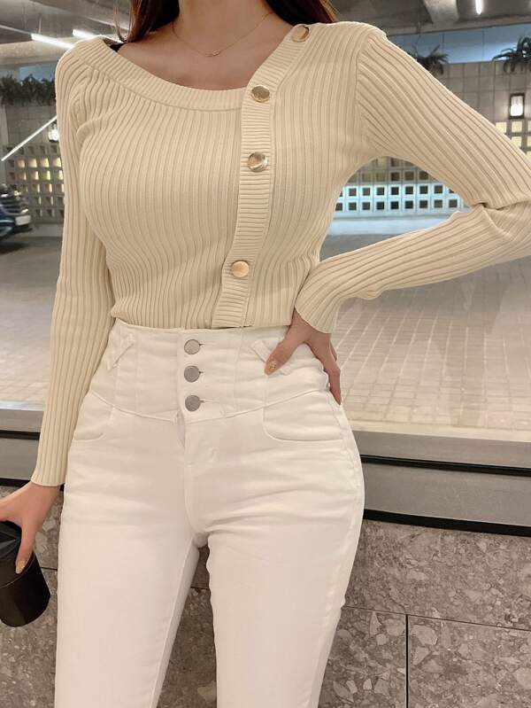 DAZY Suéter con detalle de botones en el cuello asimétrico, ropa de otoño