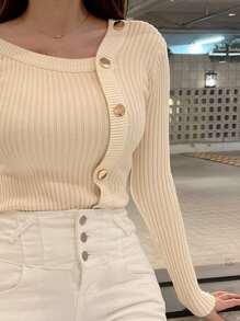 DAZY Asymmetrical Neck Button Detail Jumper - Apricot - View 3