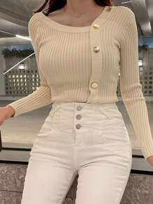 DAZY Asymmetrical Neck Button Detail Jumper - Apricot - View 5