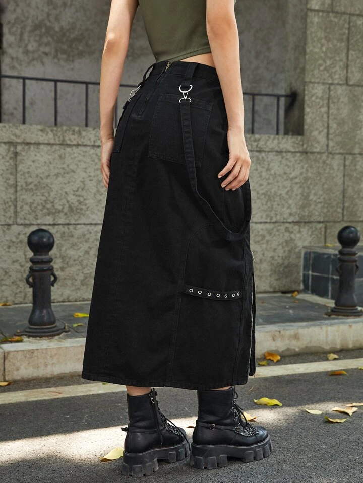 Our Grunge Punk O-ring Zipper Detail Split Hem Denim Skirt