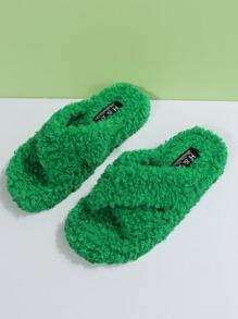 極簡毛茸茸臥室拖鞋,時尚綠色素色女士室內拖鞋 - 綠色 - 查看 4