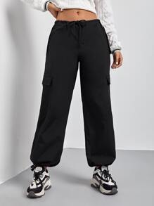 SHEIN Coolane Pantalones cargo de cintura con cordón con bolsillo con solapa - Negro - Ver 4