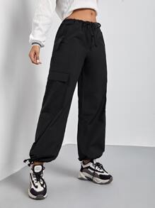 SHEIN Coolane Pantalones cargo de cintura con cordón con bolsillo con solapa - Negro - Ver 3