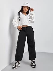 SHEIN Coolane Pantalones cargo de cintura con cordón con bolsillo con solapa - Negro - Ver 5