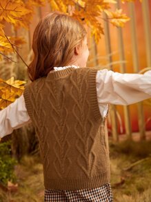 SHEIN Toddler Girls 1pc Textured Knit Sweater Vest - Brown - View 6