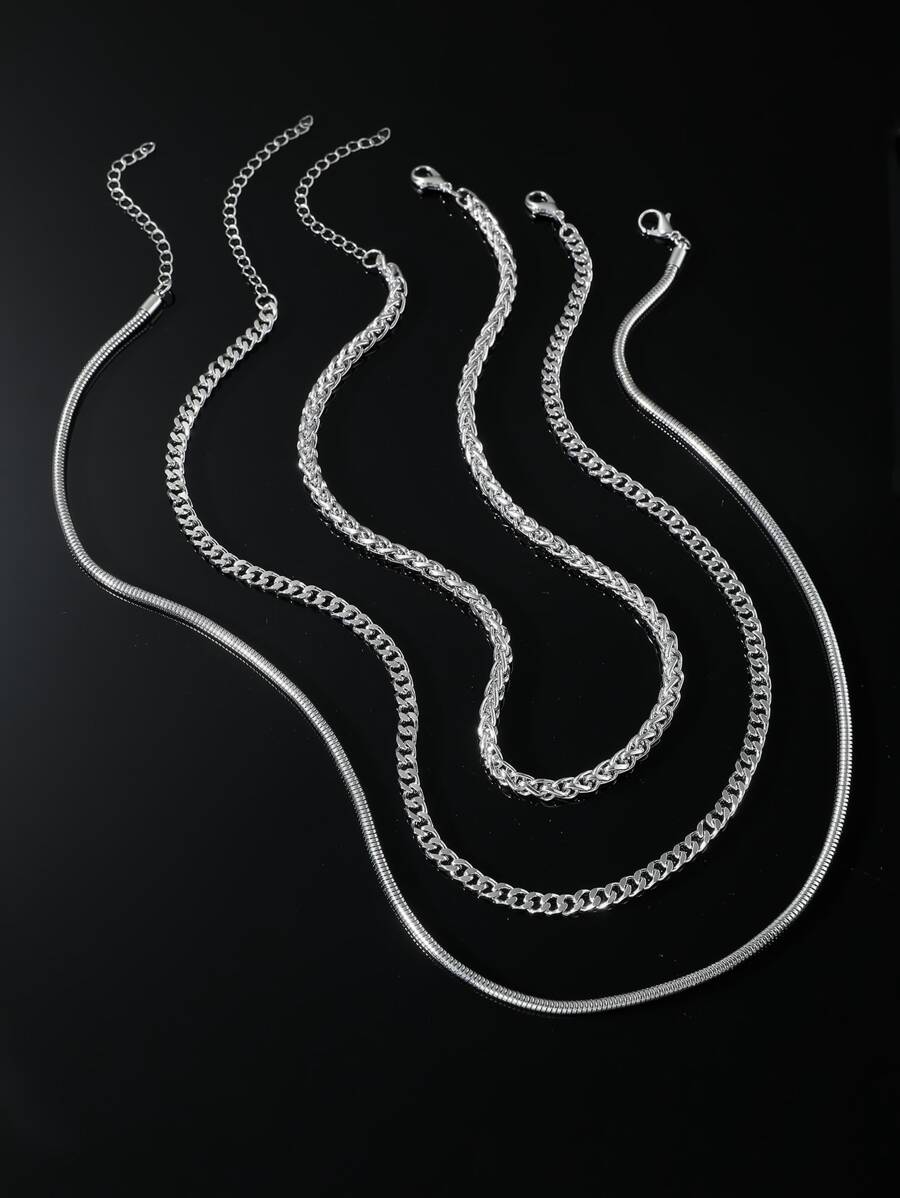 Fashionable and Popular 3pcs Men Minimalist Chain Necklace Copper Punk Hip Pop Style for Jewelry Gift and for a Stylish Look - Silver - View 1