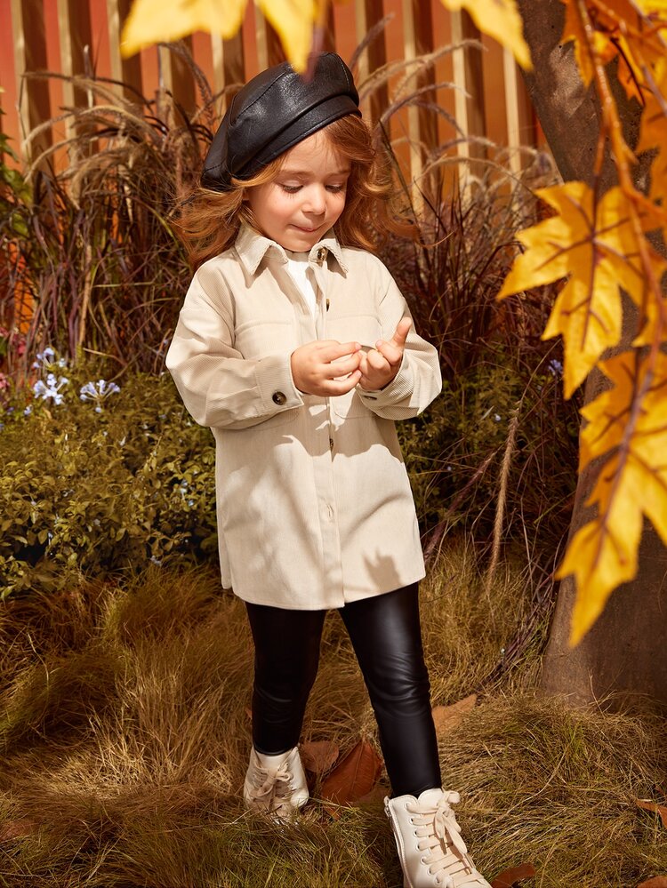 Young Girl Casual Loose Fit Letter Pattern Button Down Shirt With Front Pocket And Studded Buttons, Long Sleeve