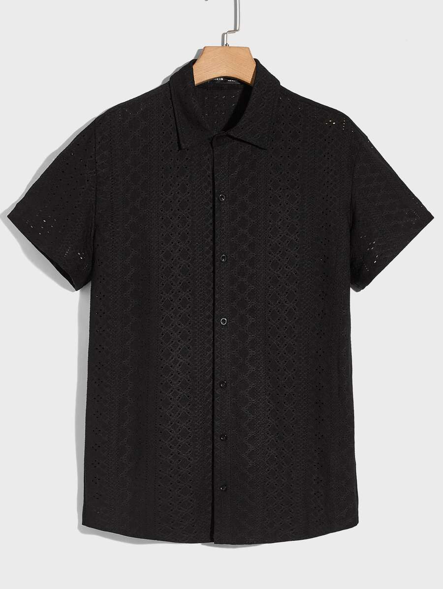 GENTILAND Hombres Camisa con abertura con botón delantero - Negro - Ver 1