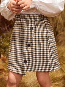 SHEIN Young Girl Plaid Button Front Asymmetrical Hem Skirt - Multicolor - View 4