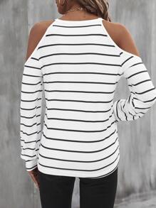 SHEIN LUNE Striped Print Cold Shoulder Tee - Black and White - View 2