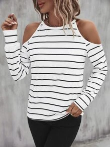 SHEIN LUNE Striped Print Cold Shoulder Tee - Black and White - View 4