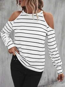 SHEIN LUNE Striped Print Cold Shoulder Tee - Black and White - View 5
