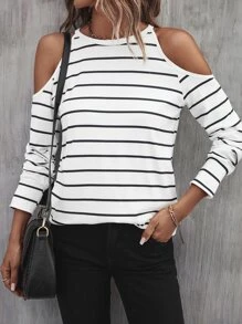 SHEIN LUNE Striped Print Cold Shoulder Tee - Black and White - View 6