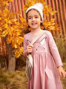 SHEIN 小女童卡通圖案荷葉邊洋裝 - 藕粉色 - 查看 4