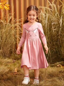 SHEIN 小女童卡通圖案荷葉邊洋裝 - 藕粉色 - 查看 3