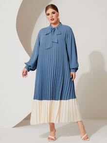 Mulvari Plus Tie Neck Colourblock Pleated Hem Dress - Dusty Blue - View 3