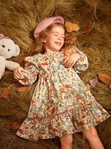 SHEIN Young Girl Floral Print Flounce Sleeve Ruffle Hem Dress - Multicolor - View 5