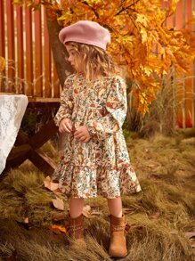 SHEIN Young Girl Floral Print Flounce Sleeve Ruffle Hem Dress - Multicolor - View 7