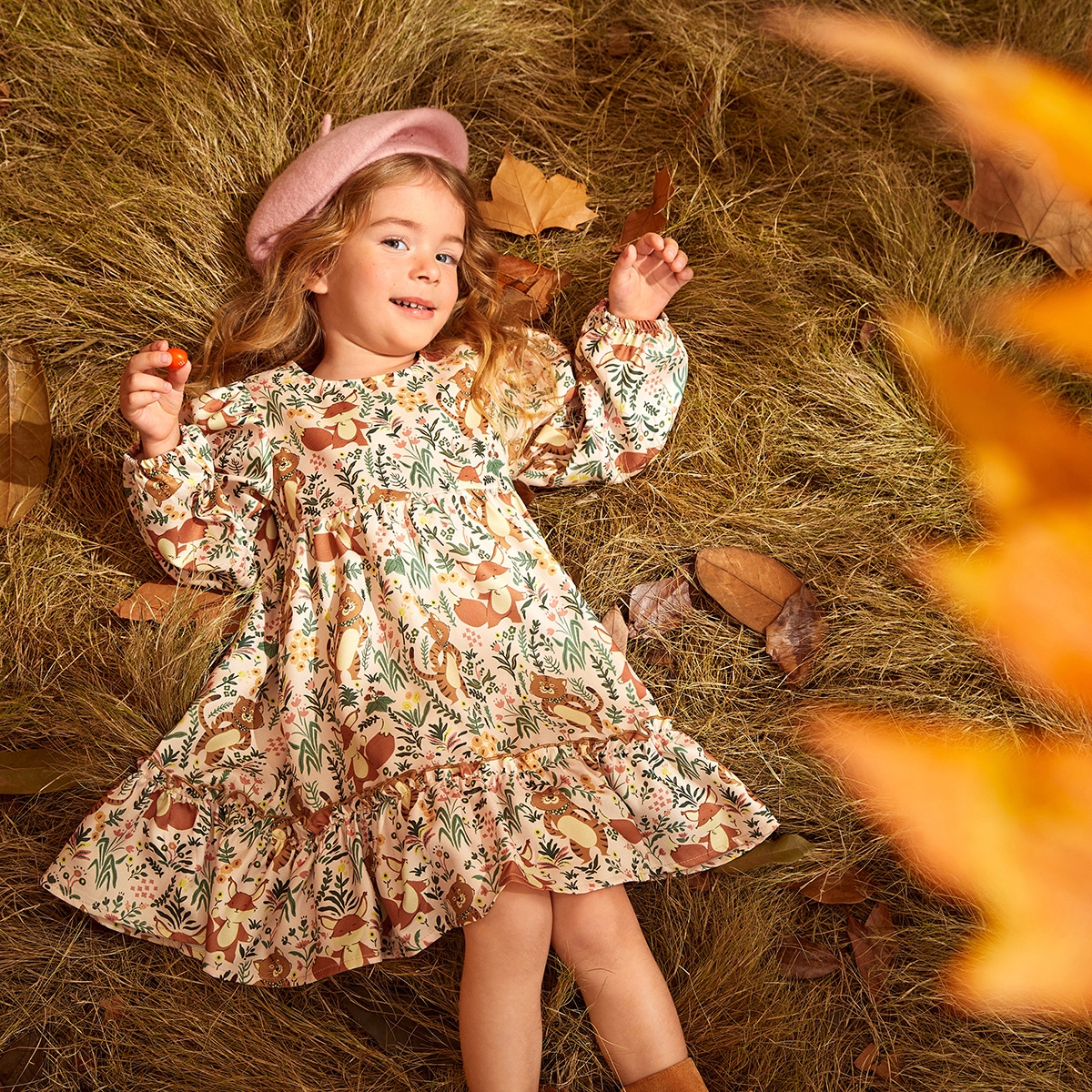 Vestido Para Niña Joven Con Manga De Volantes Y Dobladillo Con Volantes Con Estampado Floral