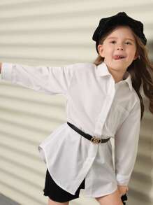 SHEIN Leap Crew 年轻女孩休闲百搭翻领前口袋前开肩落肩衬衫 - 白色 - 查看 5