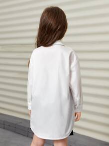 SHEIN Leap Crew 年轻女孩休闲百搭翻领前口袋前开肩落肩衬衫 - 白色 - 查看 2