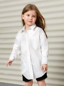 SHEIN Leap Crew 年轻女孩休闲百搭翻领前口袋前开肩落肩衬衫 - 白色 - 查看 6