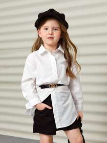 SHEIN Leap Crew 年轻女孩休闲百搭翻领前口袋前开肩落肩衬衫 - 白色 - 查看 4