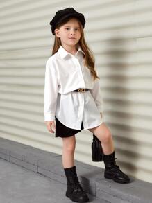 SHEIN Leap Crew 年轻女孩休闲百搭翻领前口袋前开肩落肩衬衫 - 白色 - 查看 3