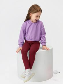 SHEIN Quần legging cạp cao màu trơn cho bé gái - Màu Đỏ Sâu - Xem 3