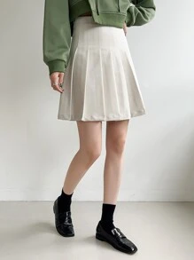 DAZY Váy xếp ly cạp cao mùa thu - trắng - Xem 4