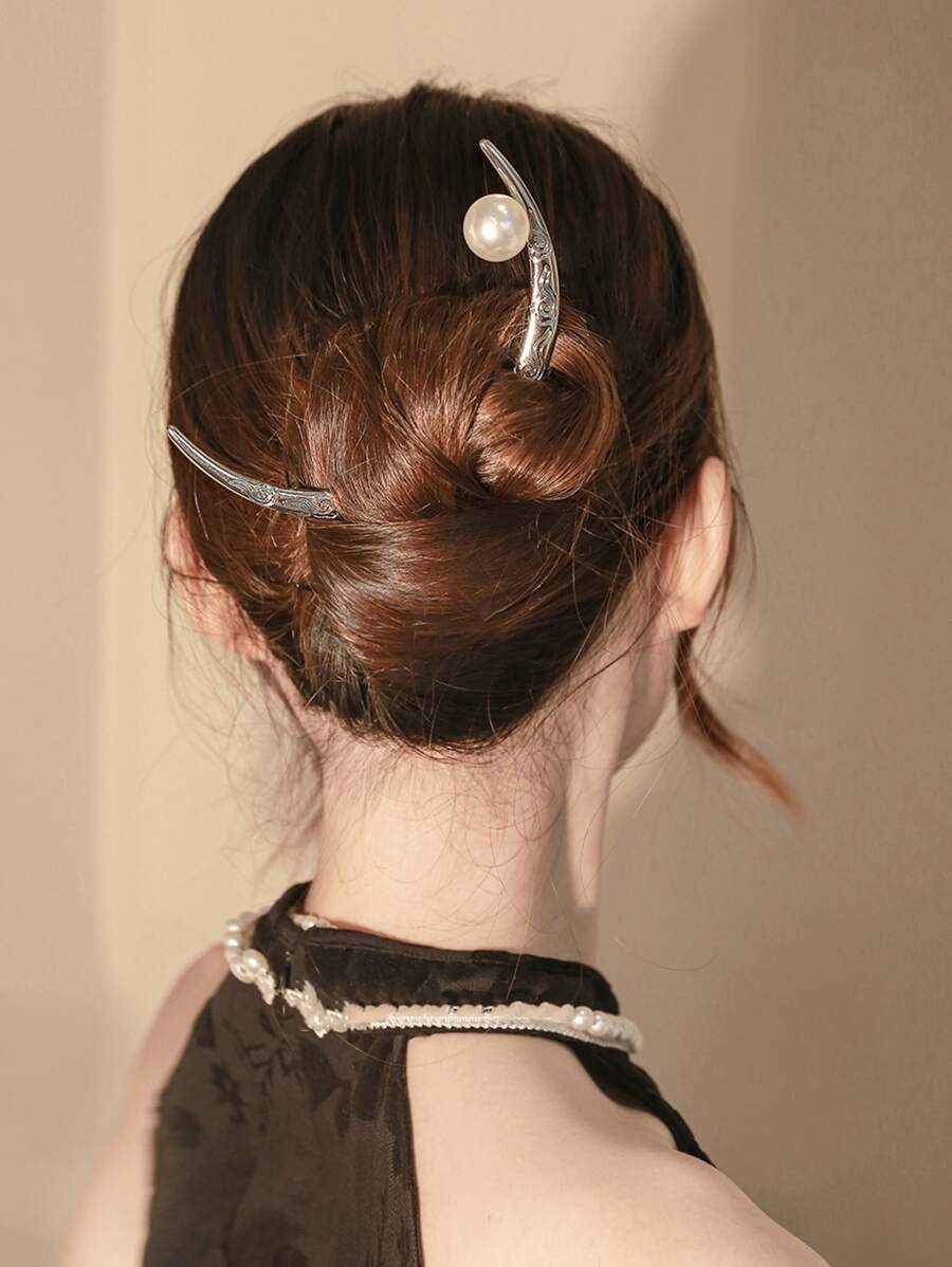 Faux Pearl Decor Moon Design Hair Pin - Nhiều màu - Xem 1