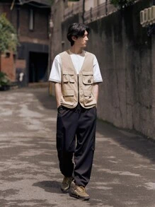 Manfinity Hombres Cazadora chaleco con bolsillo con solapa con cremallera - Caqui - Ver 5