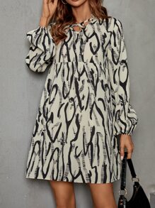 SHEIN LUNE Allover Print Tie Neck Smock Dress - Apricot - View 1