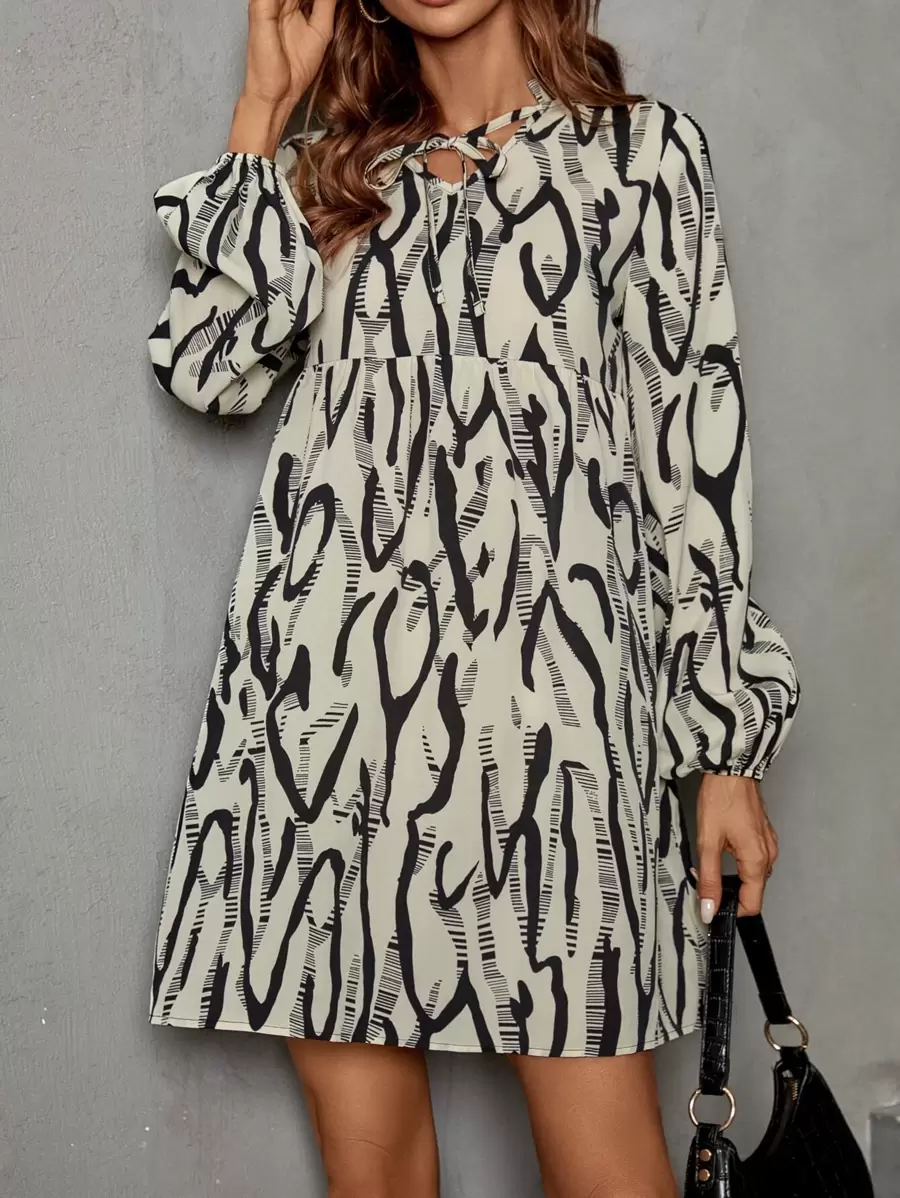 SHEIN LUNE Allover Print Tie Neck Smock Dress - Apricot - View 1