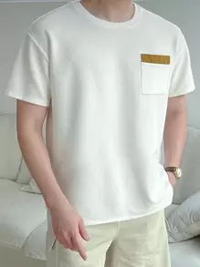 DAZY 男士拼接面補丁貼口袋T恤 - 米色 - 查看 3