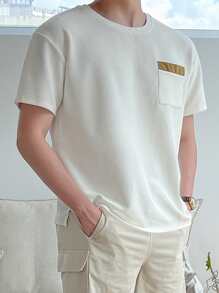 DAZY 男士拼接面補丁貼口袋T恤 - 米色 - 查看 4