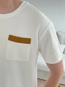 DAZY 男士拼接面補丁貼口袋T恤 - 米色 - 查看 6