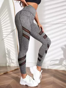 Yoga Trendy 網紗拼接寬腰帶運動打底褲帶手機袋 - 灰色 - 查看 4