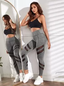 Yoga Trendy 網紗拼接寬腰帶運動打底褲帶手機袋 - 灰色 - 查看 5