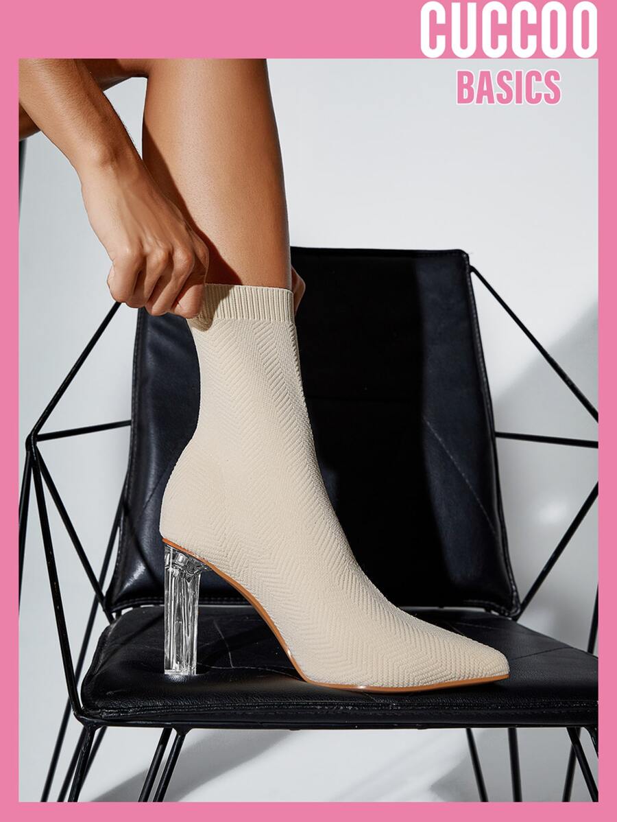 Slip-On Stretch Boots Collection-Clear Heel - Beige - View 1