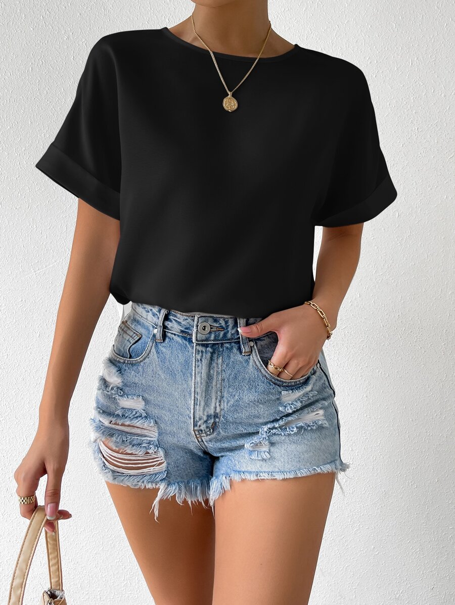 SHEIN Essnce Áo cánh dơi hở lưng, tay ngắn, áo sơ mi - màu đen - Xem 1