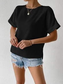 SHEIN Essnce Áo cánh dơi hở lưng, tay ngắn, áo sơ mi - màu đen - Xem 3