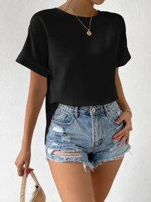 SHEIN Essnce Áo cánh dơi hở lưng, tay ngắn, áo sơ mi - màu đen - Xem 6